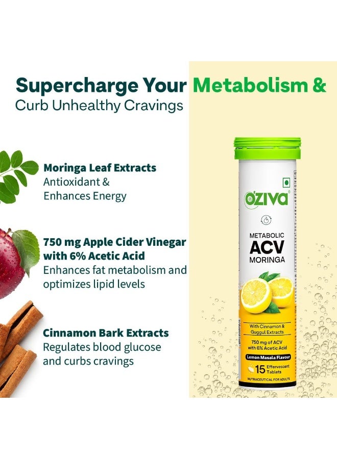 OZiva ACV Moringa Control Cravings Apple Cider Vinegar Cinnamon Guggul No Maltodextrin No Added Sugar 15 Effervescent Tablets Lemon Masala Pack of 8 120 Tablets - Image 3